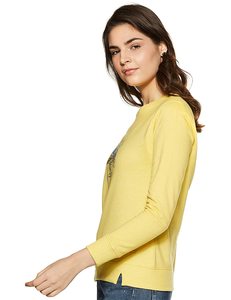 <b>Women's</b> <b>Yellow</b> Crewneck Sweatshirt With Floral Embroidery Front Print Long Sleeve Casual Wear 100% Cotton Knitted Spring Style - Product Image 4