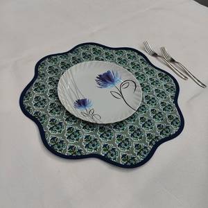 <b>Round</b> scalloped botanical Placemat Block Print fabric <b>table</b> mat easy care machine washable rustic kitchen decor <b>dining</b> mat <b>set</b> - Product Image 3