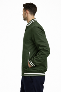 <b>Men</b>’s Premium Olive Green Bomber <b>Jacket</b> Classic Zip-Up Slim Fit Casual Varsity Style <b>Lightweight</b> Windproof Streetwear - Product Image 2