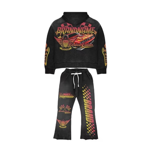 ชุดเซ็ตเสื้อฮู้ดซิปแบบยูนิเซ็กซ์ทรงหลวมและกางเกงขายาวทรงบาน ลวดลายแบบ Acid Washed ชุดวอร์มผู้ชายสั่งทำพิเศษ กางเกงวอร์มและเสื้อฮู้ดใส่สบาย - Product Image 2