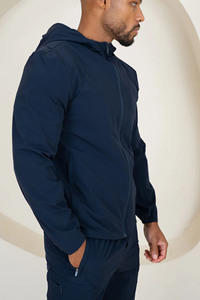 Chándal Deportivo con Capucha para Hombre, Cortavientos, Corte Regular, Color Azul Marino Sólido, Ligero, Spandex/Poliéster, para Otoño, Manga Larga con Cremallera - Product Image 3