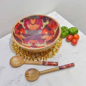 Tazones para Servir Ensaladas Decorativos de Madera Pulida con Diseño Impreso, Ecológicos, con Cuchara, Clásicos para Fiestas, Accesorios de Cocina para el Hogar, Falak World - Product Image 1