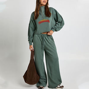 Conjunto Deportivo de 2 Piezas Personalizado para Mujer, Sudadera Holgada Informal de Forro Polar para Todas las Temporadas con Estampado de Letras Verdes y Cremallera Completa - Product Image 1