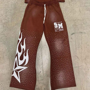 Unisex <b>Brown</b> Hooded Tracksuit Full Length Loose Fit Streetwear With Flame Print And Drawstring Closure Polyester Material - Product Image 4