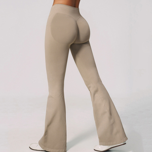 <b>High</b> <b>Waist</b> <b>Flared</b> Leg Yoga <b>Leggings</b> Full Length Solid Brown Spandex Nylon Seamless Four-Way Stretch Elastic <b>Waist</b> - Product Image 4