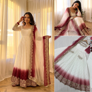 Robe Anarkali en Georgette à double tonalité avec broderie de sequins, pantalon élastique cousu et dentelle pour femme KW 1175 - Product Image 2