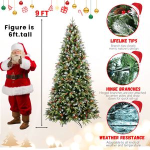 Nouvel arbre de Noël artificiel pré-éclairé de 2,1 m (7 pieds) avec effet neige, pommes de pin et baies rouges, 750 lumières, 3751 branches en PE - Product Image 2