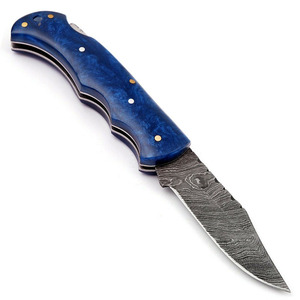 Cuchillo Plegable de Acero Damasco de Grado Industrial de Alta Calidad con Punta Caída, Mango de Resina Azul Rey, Nombre Personalizado - Product Image 1