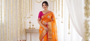 Sari de Seda Naranja AARA Fashion con Bordado Dorado Zari y Borde Rosa, Largo hasta el Suelo, Protección Solar para Mujeres, Traje Tradicional de Boda de la India - Product Image 6