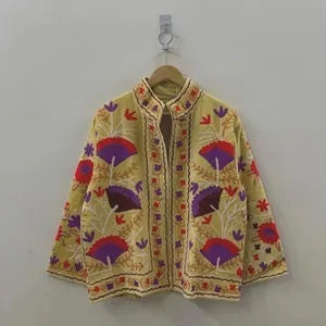 Ethnic Style Winter Jacket Velvet Suzani Cropped Bohemian <b>Coat</b> with Floral Embroidery for Festivals or Casual Wear - Product Image 3