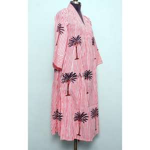 Vestido midi holgado con estampado de palmeras, ligero, ecológico, de algodón transpirable y lavable, elegante, con cuello en V y manga 3/4 para mujer. - Product Image 4