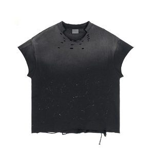 Men's Oversized Black Cotton T-Shirt With <b>Distressed</b> Holes And Splatter Print Street Style O-Neck Short Sleeve Jersey <b>Top</b> - Product Image 4