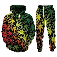 GULLSTAR YOGA INDUSTRY Unisex Rasta Dripping Leaf Print 100% Katun Sporty Fleece Tracksuit Berkerudung Panjang Penuh dengan Tali Serut