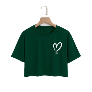 Green Custom Cropped T-Shirt Women's Casual Short Sleeve Crew Neck women's shirt Solid Color Heart Print Cotton <b>Top</b> Summer Wear - Product Image 2
