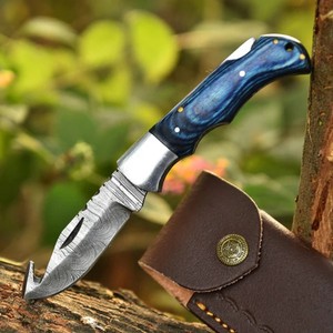 Cuchillo de Caza Plegable Premium OEM RB de Acero de Damasco con Mango de Palisandro, Empuñadura de Latón y Hoja de 7 Pulgadas para Camping - Product Image 1