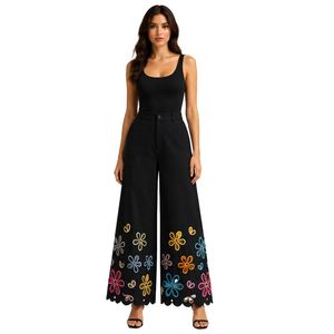 Pantalones Palazzo Negros de Pierna Ancha con Bordado Floral para Mujer, Cintura Alta, Algodón, Casuales, Personalizados OEM - Product Image 1