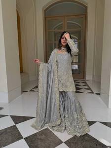 Grey Embroidered Silk Anarkali Suit For Women Traditional Indian Pakistani Style Floor-Length Regular Fit Wedding Wear - Product Image 2