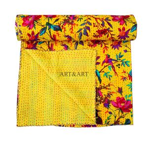 Couvre-lit Kantha indien fait main, 100% coton, imprimé à la main, motif floral, poids du tissu 220g, origine Rajasthan - Product Image 6