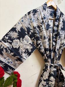 Bata Kimono de Algodón 100% con Estampado Floral, Cuello en V, Cierre con Cordón, Manga 3/4, Largo hasta el Tobillo para Mujer, Ligera, para Verano, Spa, Playa - Product Image 5