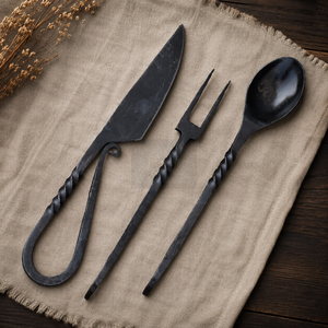 Ensemble de couverts en acier noir à haute teneur en carbone forgé à la main avec poignée torsadée de style antique pour le camping et les fêtes - Product Image 1
