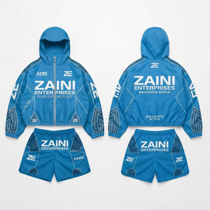 Women Windbreaker <b>Short</b> <b>Set</b> Hooded Quick Dry Winter Sports Wear 300g Polyester Taslan Black Purple Panel Design Custom OEM ODM - Product Image 1