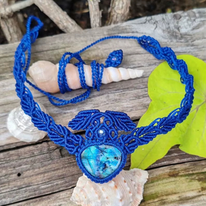 Turquoise Heart Macrame <b>Necklace</b> Blue Stone Pendant Blue Cord Gold Beads Boho Handmade <b>Statement</b> Jewelry - Product Image 1