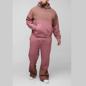 Men <b>Pink</b> Hooded <b>Tracksuit</b> <b>Set</b> Full Length Loose Fit Casual Solid Color Side Pockets Cotton Autumn Wear - Product Image 1