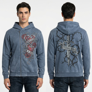 เสื้อฮู้ดลายกราฟิก Chained Heart สีดำฟอกย้อมสไตล์สตรีทแวร์สำหรับผู้ชาย พิมพ์ลายโครเมี่ยมแบบกำหนดเอง เนื้อผ้าฟลีซหนานุ่ม - Product Image 3