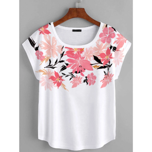 Camiseta de mujer transpirable con estampado floral, manga murciélago, hombros descubiertos y bajo redondo, estilo casual y versátil a la moda. - Product Image 1