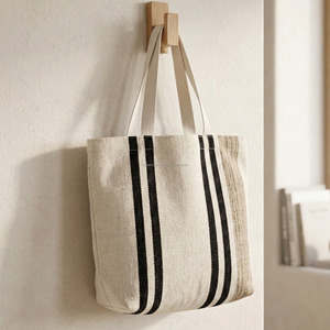 Bolso de Hombro Decorativo con Flecos, Tejido a Mano, Estilo Indio, Tamaño Grande, Bolso Tote Negro a Rayas con Doble Asa, Bolso de Tela Tejida - Product Image 3