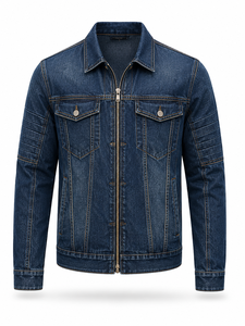 Chaqueta de Mezclilla Azul Oscuro para Hombre, Corte Regular, Cierre de Cremallera, Estilo Casual, Lavado a la Piedra, para Otoño, 100% Algodón Tejido - Product Image 1