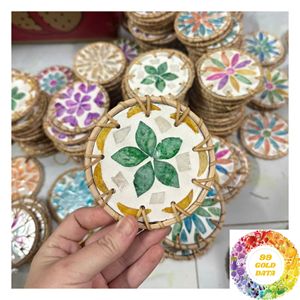 Handcrafted Rattan <b>Drink</b> <b>Coaster</b> 10cm with Colorful Mother of Pearl Inlay for Gift Shops Home Decor and Table Settings - Product Image 3