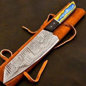 Damascus Steel Knife With Yellow Blue Handle And <b>Black</b> Sheath - Product Image 2