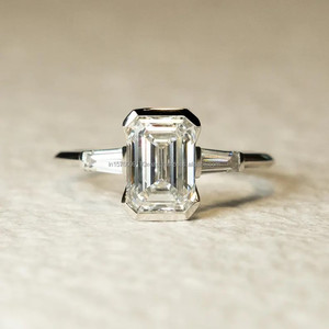 Emerald Cut Diamond Engagement <b>Ring</b> <b>Set</b> In White <b>Gold</b> With Curved Diamond Wedding Band - Product Image 3