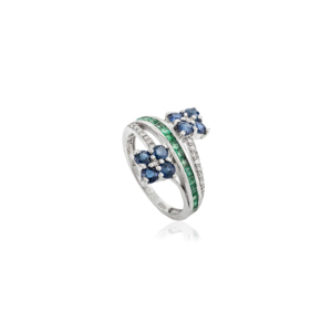 Wholesale Unique Bypass Flower Pattern 925 Sterling <b>Silver</b> Luxury Rhodium Plated Blue Sapphire & <b>Emerald</b> Wedding <b>Ring</b> Gift - Product Image 3