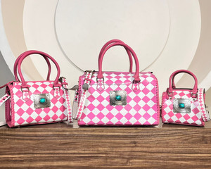 Pink & White Checkered Large Speedy Bag with Turquoise Concho Hand <b>Tooled</b> Cow <b>Leather</b> Crossbody Handbags Stylish Travel Duffels - Product Image 5