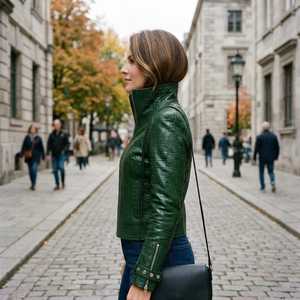 Crocodile Embossed Leather Jacket Women Real Leather Crocodile Print Biker Jacket Emerald Green Jacket with Stand Up <b>Cooler</b> - Product Image 5