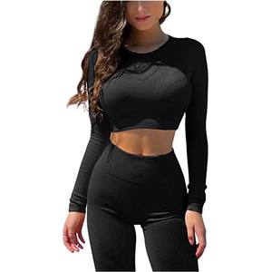 Ensemble de fitness uni pour femmes, haut court en tricot sans couture avec short taille haute, vêtements de sport OEM - Product Image 5