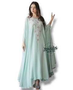 Awais House Women's Mint Embroidered Polyester Fiber Floor-Length Modest A-Line Evening Formal Wear V-neck Long Sleeve Natural - Product Image 1
