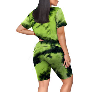 Conjunto de Top Corto con Cuello en V y Pantalones Cortos a Juego para Mujer, Estampado Tie Dye Verde, Ropa Casual de Verano, Transpirable, Ligera, de Spandex y Poliéster - Product Image 2