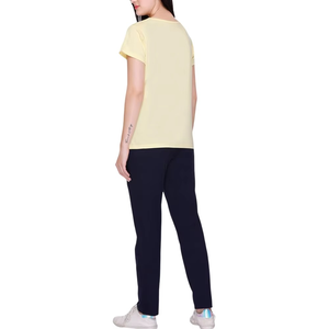 Women's Yellow Short Sleeve Crew Neck T-Shirt With Black Full Length <b>Pants</b> Side Pockets Elastic Waist Casual Summer Wear - Product Image 4