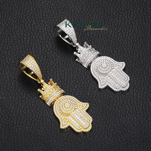 Pendentif main Hamsa Hip Hop en argent 925 avec couronne en moissanite, plaqué or 18 carats et rhodium, unisexe, cadeau de luxe - Product Image 5