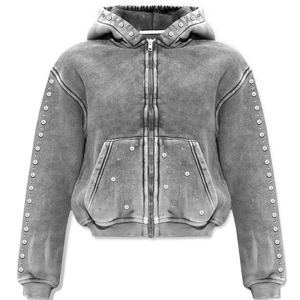 Top Custom Men's cotton blended Hoodies Distressed Acid Washed Print Oversized <b>Zip</b> Boxy Fit Streetwear Rhinestone Men's Hoodie - Product Image 4