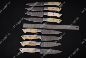 Couteaux à steak en acier Damas faits à la main UA Supplies, ultra-affûtés, manche ergonomique en os de chameau, design moderne, finition brossée - Product Image 5