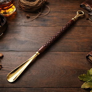 Handmade <b>Gold</b>-Plated Brass Shoehorn Antique Diamond Carved Wooden Handle Luxury <b>Dressing</b> Accessory for Home Travel Hotel Use - Product Image 6