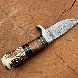 Hand Forged Damascus Steel Skinner Knife Stag Handle <b>Rat</b> Tail Tang Fixed Blade with Brass Bolster & Leather Sheath Custom OEM - Product Image 5