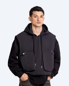 Men’s Layered <b>Utility</b> Hoodie <b>Vest</b> Sweatshirt Streetwear Multi Pocket Sleeveless Hoodie for Men Urban Tactical Hoodie - Product Image 3