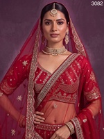 Ensemble de mariée en soie rouge de qualité supérieure, conçu à la main par Peacock Handwork, avec motif Moti rose, perles de cristal et travail de fils de coton multiples sur tissu en résille.
