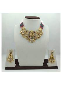 Ensemble collier ras-de-cou traditionnel plaqué argent avec perles multicolores et boucles d'oreilles assorties, travail Kundan, bijoux ethniques antiques - Product Image 3