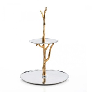 Golden Branch Design Two-Tier Cake Stand With Mirror Surfaces Reusable Metal Stand - Product Image 1
